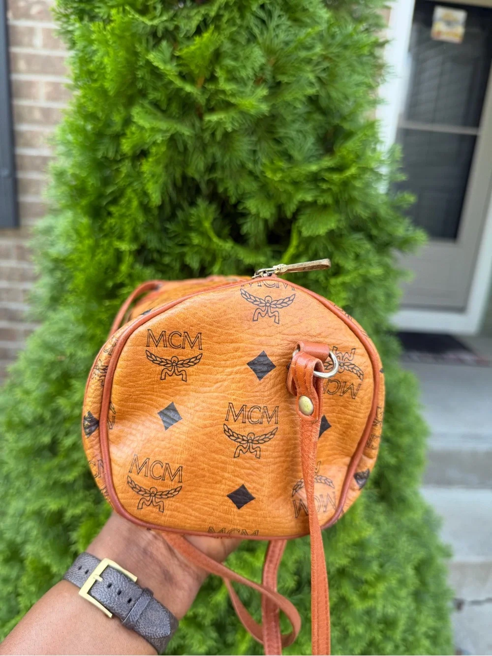 MCM Tan Visetos Barrel Crossbody Bag